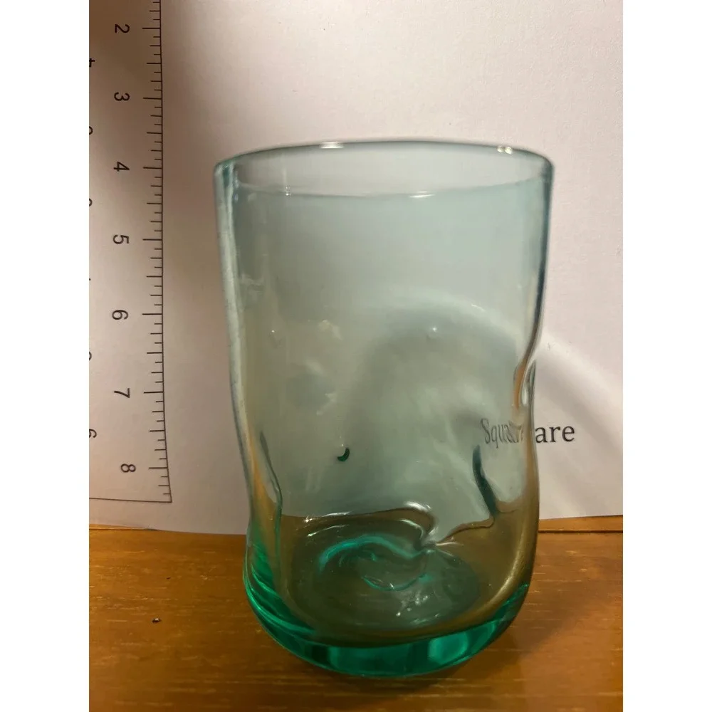 Hand Blown Aqua Teal Art Glass Tumbler Wavy‎ Thumbprint Juice Water Glass 4.5